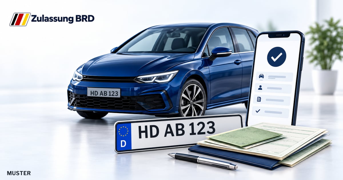 Online Fahrzeugzulassung in Rhein-Neckar-Kreis: Musterkennzeichen HD AB 123, Auto und Fahrzeugpapiere und Smartphone. Illustration mit Logo von Zulassung BRD.